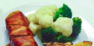 Oksekødsrulle med bacon, knoldfritter og broccolimix - nem opskrift