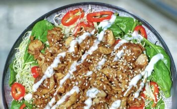 Spicy sesam-kylling på bund af spinatsalat med hjemmerørt urtedressing